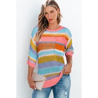 Pink Stripe Colorblock Hollowed Crochet 3/4 Sleeve Sweater - XL thumbnail