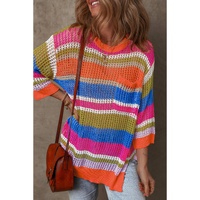 Orange Stripe Colorblock Hollowed Crochet 3/4 Sleeve Sweater - S thumbnail