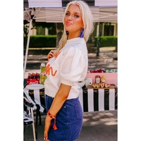 White Touchdown Tinsel Puff Short Sleeve Crew Neck Sweater - S thumbnail