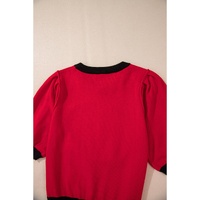Red Sequin Rugby Color Block Puff Short Sleeve Sweater - L thumbnail