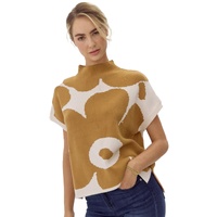Camel Big Flower Pattern Stand Neck Short Sleeve Sweater - L thumbnail