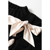 Black Cable Knit Colorblock Satin Bowknot Short Sleeve Sweater - M thumbnail