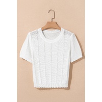 White Pointelle Knit Short Puff Sleeve Crewneck Sweater - M thumbnail
