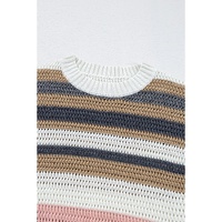 Pink Stripe Color Block Eyelet Knit Short Sleeve Sweater Tee - L thumbnail