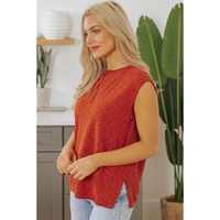 Orange Solid Color Split V Neck Short Sleeve Sweater - L thumbnail