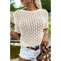 Beige Hollow Out Crochet O Neck Short Sleeve Sweater Tee - S thumbnail