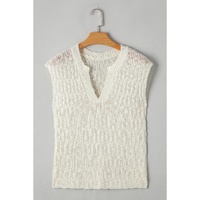 Beige Notched V Neck Short Sleeve Sweater - L thumbnail