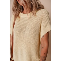 Oatmeal Solid Color Batwing Short Sleeve Round Neck Knit T Shirt - L thumbnail