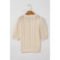 Beige Hollowed Pattern Knit Short Puff Sleeve Sweater - M thumbnail