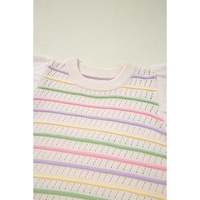 Oatmeal Colorful Striped Eyelet Knit Ruffled Sleeve Sweater T Shirt - M thumbnail
