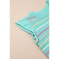 Green Colorful Striped Eyelet Knit Ruffled Sleeve Sweater T Shirt - S thumbnail