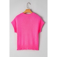 Bright Pink Distressed Hem Short Sleeve Knitted Button Front Sweater - L thumbnail