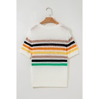 White Striped Pocketed Loose Fit Crewneck Knitted T Shirt - M thumbnail