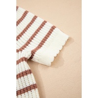Khaki Stripe Scalloped Round Neck Short Sleeve Sweater - L thumbnail