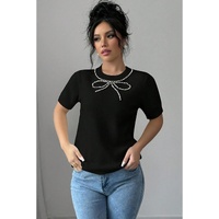 Black Pearl Bow Necklace Embellished Short Sleeve Knitted T Shirt - L thumbnail