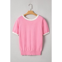 Bonbon Colorblock Bow V-Shape Cut Back Short Sleeve Sweater - L thumbnail