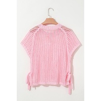Pink Hollow-out Crochet Side Tied Short Sleeve Sweater - M thumbnail