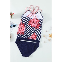 Fiery Red Floral Print Criss Cross Hollow-out Tankini Swimwear - S thumbnail