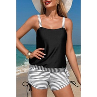 Black Striped Patchwork Side Drawstring Bottoms Tankini Set - S thumbnail