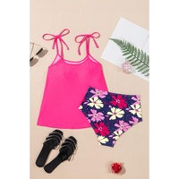 Rose Red Tie Shoulder Floral Print Cute Tankini Set - M thumbnail