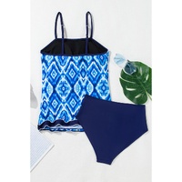 Navy Blue Abstract Print Frilled Trim Spaghetti Straps Tankini Set - L thumbnail