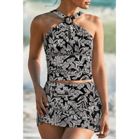 Black Abstract Printed Buckle Crossed Straps Skirted Tankini 2pcs Swimsuit - M thumbnail