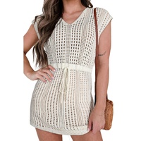 Beige Open Knit Drawstring Waist Beach Dress - M thumbnail