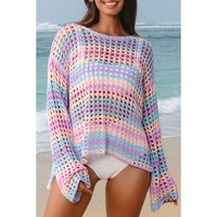 Purple Multi Stripe Open Knit Sweater Beach Cover Up - L thumbnail
