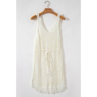 White Crochet Fishnet Fringed Edge V Neck Beach Cover Up - M thumbnail