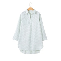 White Stripe Collared V Neck Chest Pocket Long Sleeve Beach Cover up - M thumbnail
