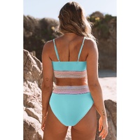 Sky Blue Striped Patchwork Spaghetti Strap High Waist Bikini Swimsuit - XL thumbnail