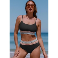Black Striped Patchwork Spaghetti Strap High Waist Bikini Swimsuit - S thumbnail