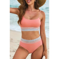 Peach Blossom Striped Patchwork Spaghetti Strap High Waist Bikini Swimsuit - XL thumbnail