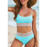 Turquoise Striped Patchwork Spaghetti Strap High Waist Bikini Swimsuit - L thumbnail