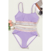 Orchid Petal Striped Patchwork Spaghetti Strap High Waist Bikini Swimsuit - M thumbnail