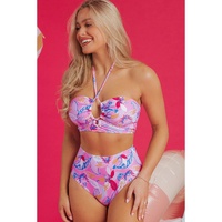 Pink Floral Printed Halter Neck High Waist Bikini - XL thumbnail