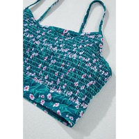 Blue Floral Print Smocked Cute Bikini Set - M thumbnail