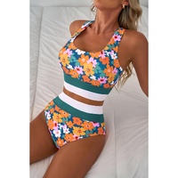 Green Floral Print Racerback Cutout High Waist 2pcs Bikini - L thumbnail