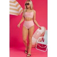 Pink 3pcs Gingham High Waist Bikini & Sarong - XL thumbnail