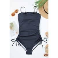 Navy Blue Ribbed Drawstring Sides Cutout One Piece Swimsuit - S thumbnail