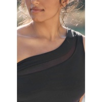 Black Mesh Insert One Shoulder High Waist Teddy Swimsuit - S thumbnail