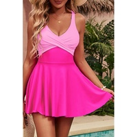 Rose Red Crisscross Straps Tie Back Flared One Piece Swimsuit - M thumbnail