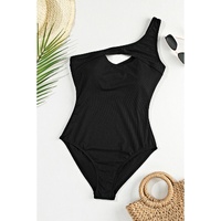 Black Ribbed One Shoulder Hollowed One Piece Swimsuit - S thumbnail