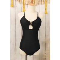 Black Spaghetti Straps Metal V Decor One-Piece Swimsuit - S thumbnail