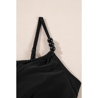 Black Beaded Spaghetti Straps Ruched Overlapped Colorblock One Piece Swimsuit - S thumbnail