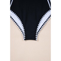 Black Color Block Ric Rac Trim U Neck One Piece Swimsuit - M thumbnail