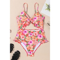 Red Floral Ruffle Trim Cutout Knotted One Piece Swimsuit - 2XL thumbnail