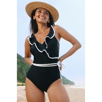 Black Color Contrast Ruffled Wrap V Neck Swimsuit - S thumbnail