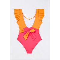 Vitality Orange Color Block Ruffled Knotted Backless One Piece Swimsuit - S thumbnail