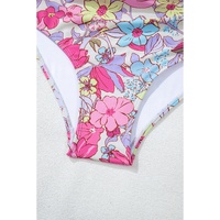 Pink Floral Ruffle Trim V Neck Lace-up Back Tummy Control One Piece Swimsuit - M thumbnail
